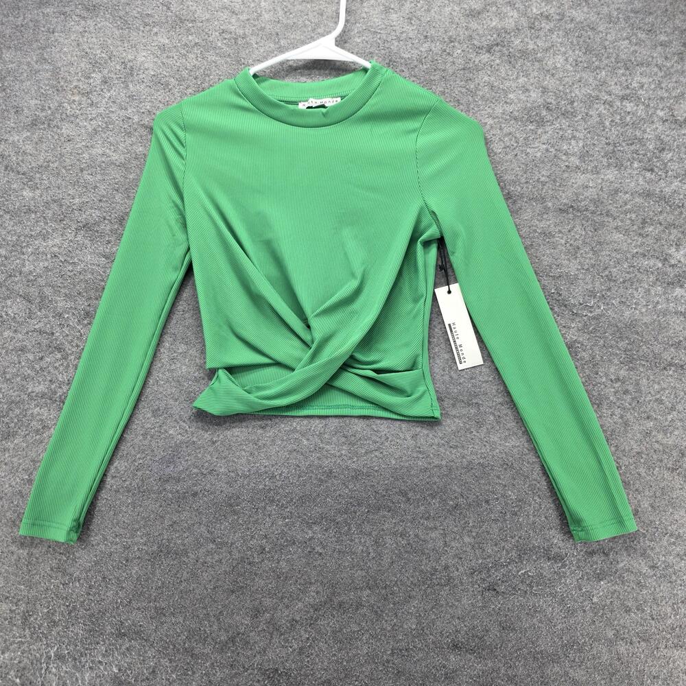 Haute Monde T-Shirt Womens S Green Cropped Long Sleeve Crew Neck Stretch